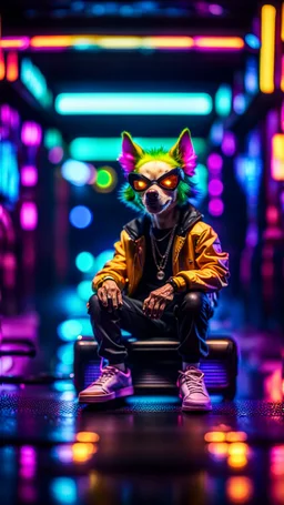 tap dancer, spot lights, jail break, portrait of slick lord water wolf Gremlin myth buster pimp ninja cyber punk sitting on a hipster car parked in dark neon lit reflective wet arcade hall tunnel,bokeh like f/0.8, tilt-shift lens 8k, high detail, smooth render, down-light, unreal engine, prize winning