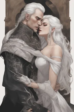 Strahd Von Zarovich being kissed by a beautiful woman with white hair, wearing an off the shoulder dress. Settling and background are a lavish toomb with an ebony coffin.