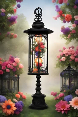 Generate an image featuring a striking French lantern atop a black pole, adorned with vibrant flowers. The lantern should embody the elegance of French design, with sleek lines and intricate details. It should be positioned prominently on the black pole, standing out against the background. Colorful flowers should surround the base of the pole and extend upwards, adding a burst of vibrancy to the scene. The background of the image should be a pristine white, providing a stark contrast to the dar