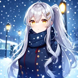 girl, masterpiece, best quality, cinematic lighting, detailed outfit, perfect eyes, silver hair, long hair, vibrant golden eyes, ponytail, messy hair, snowing, winter outfit, hairclip, depth of field,