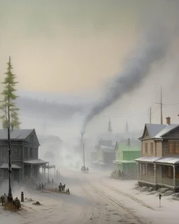 A silvered colored western town covered in smoke designed in Scandinavian folk art painted by Birge Harrison