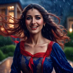 Hyper Realistic Photographic Close-Up View Of A Beautiful Young Pashto Woman With Beautiful Eyes Lips & Nose (Wearing Beautiful Navy-Blue Frock Decorated With Red-Ribbons On It Her Frock & Her Beautiful Long Hair Whirling In Air) Happily Whirling & Smiling Outside A Fancy Navy-Blue Mansion Heavy Rainfall Night with Thunderstorm Showing Dramatic & Cinematic Ambiance.