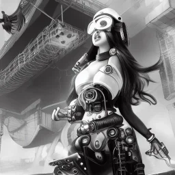 great illustrator, spanish, realistic rendering of a cute girl, beautiful, steampunk syle, black and white. Helmet with tubes. breathing tube. Machinery in the background. robotic bird flying. High details. 4k. unreal engine