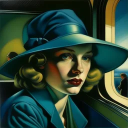 Portrait of a girl in turquoise hat on a train at sunset by Tamara Lempicka