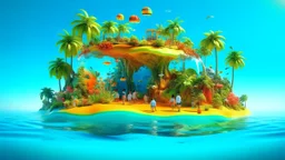 A Vibrant tropical island with people floating inside of a cool refreshing drink