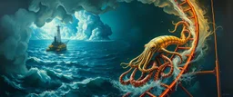 master oil painting by Rembrandt, roller coaster squid with some bad ass power off shore oil platform cyber punk people experiencing gravity at its worst