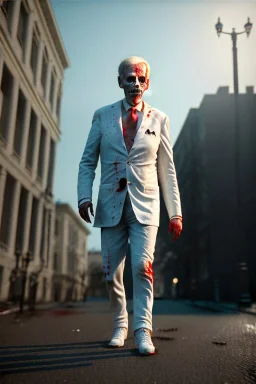 Ultra realistic image, joe biden zombie, zombie performance, suit, skull, blood, torn arm, night, walking twisted, waist up view, thriller style, dark ambient, highly detailed, White House background, concept art, unreal engine 5, god rays, ray tracing, RTX, focal lighting, ultra detail, volumetric lighting, 3d, finely drawn, high definition, high resolution.