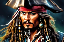 Johnny deep in 8k realistic anime drawing style, Jack Sparrow them, pirate custom, close picture, rain, neon, intricate details, highly detailed, high details, detailed portrait, masterpiece,ultra detailed, ultra quality