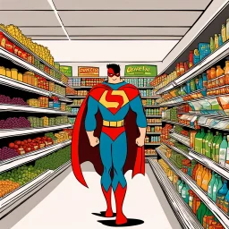 A superhero is shopping in a supermarket.