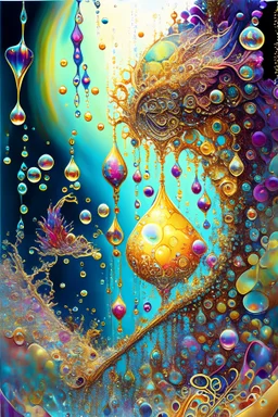 Tiny Creatures, Waterdrops, Color, Filigree, Highly Detailed, Intricated, Colorful, ,Fantasy, Josephine Wall, , Elegant Detailed Fantasy Acrylic , Photorealistic Digital Art, 32k, Octane, , Splash Of Color, Multicolored, Intricately Detailed Fluid Gouache Painting By Jean Baptiste Mongue, Ink Flow, Calligraphy Acrylic Chinese Ink Color Art,Gold