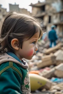 side view to palestinian little girl looking at her toy with tears and Destroyed buildings in the background