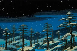 A dark blue tundra in winter with falling snowflakes painted by Utagawa Hiroshige