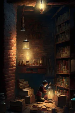 A dark, dingy brick dungeon, with a small shelf hanging on the back wall, containing vintage bottles of various sizes, and a lantern sitting on the floor, casting light on a pile of books with a young child studying