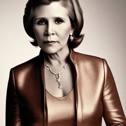 extrem realistic analog style photography of carrie fisher by Annie Leibovitz, soft ethereal skin, symmetrical short hairstyle,studio lighting, sharp brown eyes, dark plain background