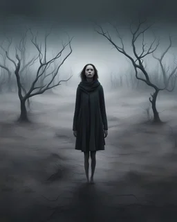 an expansive eerie digital illustration shows a stick thin woman her legs like 2 brittle branches(looking at at the viewer:1.5) and walking towards the camera, chilly dark mood, (bare midground:1.3). The model's expressionless face bears the weight of the extreme emotions she has endured to reach this point, her banishment means constructed from surreal-looking donuts, cakes, and crumbs