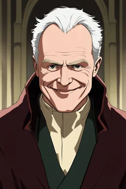 looking like John Lithgow ,a man with a commanding yet kind presence. He has a long face with a high forehead, expressive eyes, and arched eyebrows that give him a thoughtful appearance. His nose is prominent but well-proportioned, and his cheekbones are subtly pronounced. He often wears a warm, slightly mischievous smile, revealing his approachable and affable nature. His hair is white and he wear clothes of a medieval noble anime style, full body, concept art.