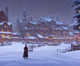 A magical snowy town square with river canals and a Christmas tree for warlocks