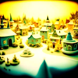 Happy village, light colors, high resolution, 35mm photography, absurd, ugly, hypermaximalist, Yves Tanguy