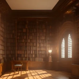 inside of a mystery dark gothic museum library, dystopic, millions of books, labyrintic architecture, dark brown orange color scheme, high key lighting, volumetric light high details with white stripes and feathers unreal 5, octane render, cinema4d, dynamic lighting, dramatic lighting, 4k, redshift render, highly detailed, hyper realistic, sunset, giant space