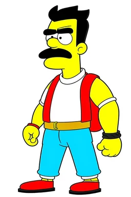 The Immortal from Invincible mixed with the face and moustache of Uncle Grandpa from Cartoon Network, he also has Homer simpsons hair. He has a red fannypack on the exterior of his outfit.