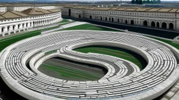 A white racetrack with boosting cars designed in ancient Roman mosaics painted by Zhang Lu