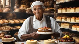 elderly male market trader selling many different types of cake, showing his head and upper body, perfect eyes, perfect anatomy, exquisite composition, beautiful detailed intricate detailed octane render, 8k artistic photography, photorealistic, soft natural volumetric cinematic perfect light, chiaroscuro, award-winning photograph, masterpiece, raphael, caravaggio, bouguereau