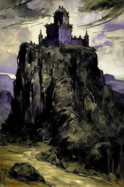 A purplish black fortress on a mountain painted by Auguste Rodin