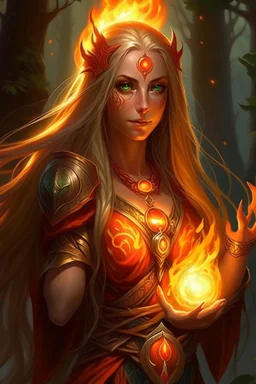 Female eladrin druid with fire abilities. long light hair made from fire. Tanned skin. Big red eyes with touch of fire