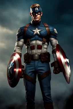 3D Portrait of Alan Ritchson as Captain America, perfect body, perfect face, perfect eyes, dark hair, glamorous, gorgeous, delicate, romantic, realistic, romanticism, blue tones, Boris Vallejo - daylight Background - blue skies, sunlight - dark, wood panel wall in the background - fire, fog, mist, smoke