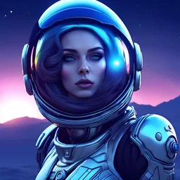 Make a concept art for Star Citizen with a gorgeous curved pale-blue eyed female in spacesuit and a large planet in the background sunset sky, hermosa cara y ojos, chica de belleza, Surrealistic view of girl with bright luxury makeup and dark blue lips looking at camera, CHROME SILVER, CHROME RAINBOW, verde pelo, PRETTY EYES, cara muy detallada, Etra detallada obra maestra del arte digital, hermosa , CHROME design, high quality, 3d render, digital art, 32K ultra hd