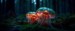 Giant bio luminous floating JellyFish Fungus, fungal, light floating in a forest, Treeline, Alberta, scientist, Dystopian, Hyper detailed, Realistic, Extreme depth of field, bokeh blur, Alberta all-natural, National Geographic, in the style of candid, imperfection, natural lighting, cinematic, Fuji Film, Anamorphic lens, 2040s, --ar 4:5 --w 150 --style raw