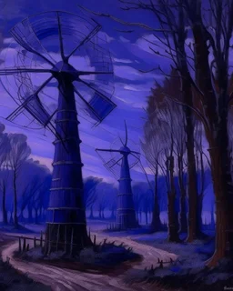 A dark purple forest with windmills painted by Claude Monet