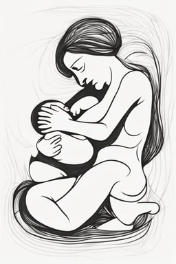 Abstract Picasso style drawing of a woman making pilates with a baby. No faces. Outline only