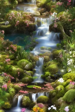 fleur de printemps cours d'eau petite cascade arrive dans petit lac, soleil, grand rayon de soleil, petite princesse cosmique, jolie, yeux fins, belles lèvres, vray