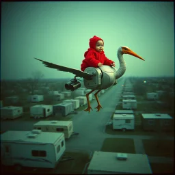 long shot of baby wearing a ridiculously large baggy red sweater riding a flying stork cyborg with exhaust pipes over a trailer park, cctv cam aesthetic, glitchy image, grainy, static textures, found footage, low contrast, horizontal glitchy static lines