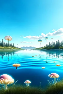 Landscape scene across a lake with mushrooms with jellyfish tentacles floating through a light blue clear sky