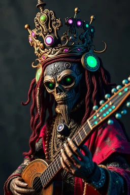 In this photograph, inspired by Tim Walker's style, an otherworldly figure takes the spotlight. This enigmatic being morphs into a Krofft Pufnstuff puppet voodoo cutie sitar player king, adorned with intricate details, bioluminescent features, and hints of cyborg elements.The composition blends Renaissance aesthetics, Alex Grey's detailed style, and Michael Cheval's playfulness, all with a surreal and pop art twist reminiscent of František Vobecký's work. This 8K image is an invitation into an u