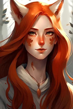A female with long red hair, gold eyes, large fox ears, slight smile, pale skin, freckles