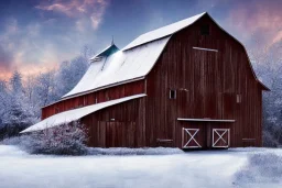 A beautiful barn in December, with snow on the ground