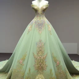 stunning couture gown designed by Marchesa inspired by fairytales, realistic, detailed, high quality, intricate, dreamlike background, soft pastel colors