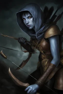 female, blue skin, yellow eyes, spider legs behind back, brown leather armor, holding bow, quiver of arrows, hood, black hair, hyper realistic, ruthless expression