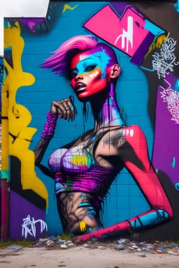 graffiti art on the back side of an abandoned building portraying a female super model posing confidently, 8k, highly detailed, centered, epic composition, graffiti art, splash art, street art, spray paint, oil gouache melting, acrylic, high contrast, colorful polychromatic, ultra detailed, ultra quality, CGSociety