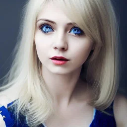 Pretty face of a woman,deep blue eyes, nice nose, pretty lip, simi smile, pointed ears, white skin, white simi gold hair, medium hair, nice neck, sexy soulder, looking in side view, sexy dress, medium breast size, simi full body portrait