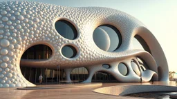 A futuristic building inspired by the fluidity of ocean waves, with undulating, curved walls made of shimmering, semi-transparent materials. The structure boasts large, oval windows that reflect the sunlight like a myriad of seashells.A futuristic building inspired by the fluidity of ocean waves, with undulating, curved walls made of shimmering, semi-transparent materials. The structure has large, oval windows that reflect the sunlight like a myriad of seashells. award-winning photograph, beauty