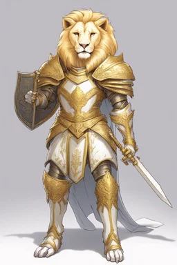 Humanoid lion knight wearing white and gold armor, wearing a white and gold cape, holding a large sword and shield