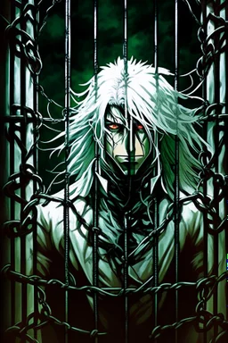 Wagnard Record of Lodoss War, oldschool, insane, ghost in the shell art style, in the art style of Record of Lodoss War, Dark Fantasy, dark knight, tied up in cage, male, white hair,