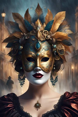 Generate an illustration of a festive carnival venetian antique mask over a low poly plus size beauty female, ultra detailed 32k , mid section, the joyful atmosphere over a misty Venice landmark, steampunk , dark oil antique painting, dark mood, nigh time, leica m6