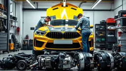 A car repair shop where two people in work clothes are repairing a yellow BMW M6 series with an eye-catching theme in a sophisticated and special repair shop where a collection of car engine parts is arranged on the floor at the bottom of the image.