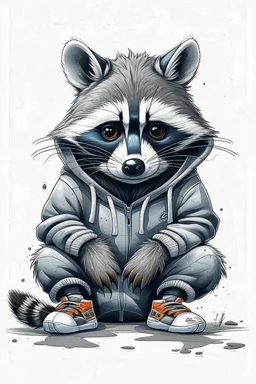 A cheeky raccoon, streetwear, hoody, sneakers,attitude,white background, 2d flat animation Drawing, wide view from below