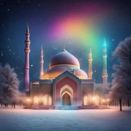 Hyper Realistic rainbow textured Mosque at beautiful snowfall night with decorative lights